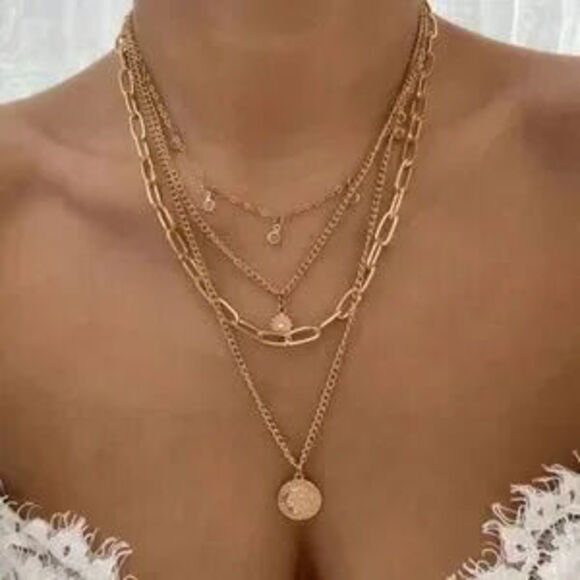 Jewelry - Multilayer Pendant Chain Necklace Set Boho Layered Gold Tone